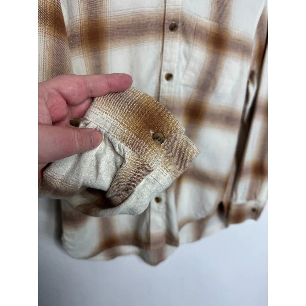 Old Navy Girls XL Hooded Flannel Shirt Cream Tan Plaid Button Front Long Sleeve